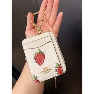 Coach Zip Card Case Strawberry Print Chalk Multi Leather Wallet  New